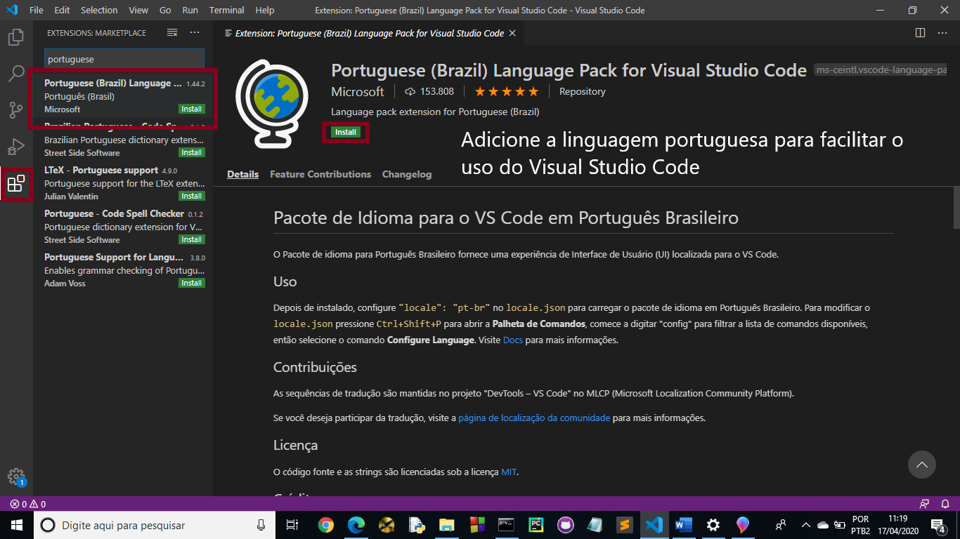 Coloque o seu Visual Studio Code em Português