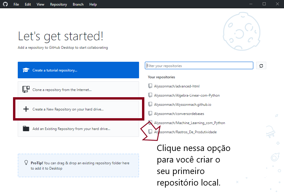 crie o seu repositório pelo GitHub Desktop