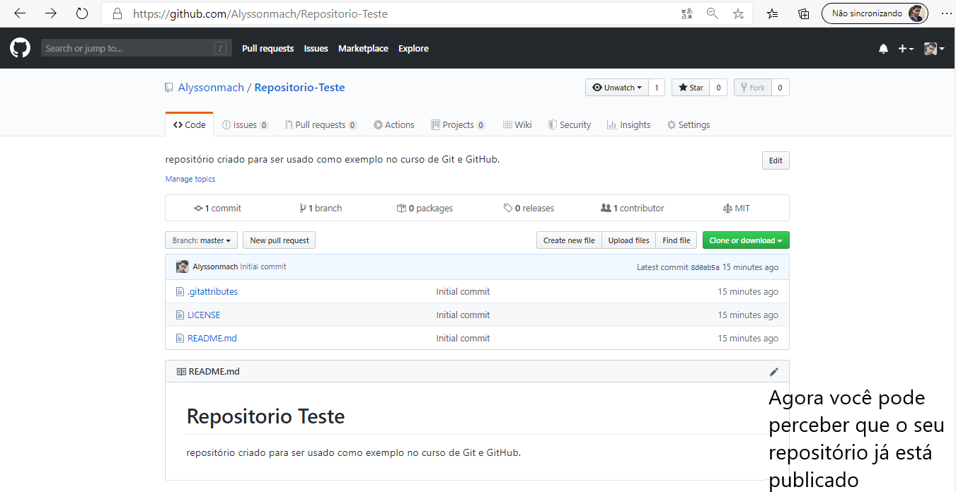 observe que o seu repositório já está disponível no GitHub após ser publicado