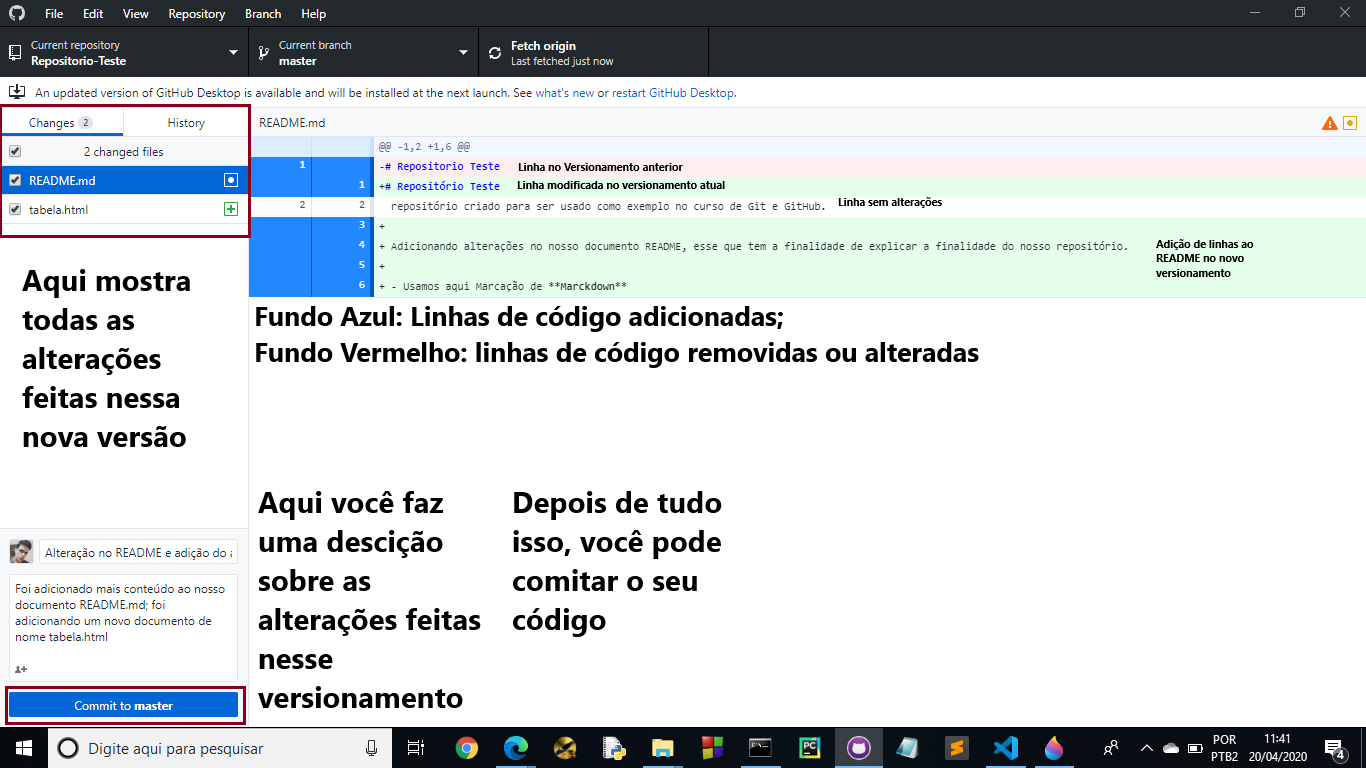 observe as alterações feitas pelo GitHub Desktop