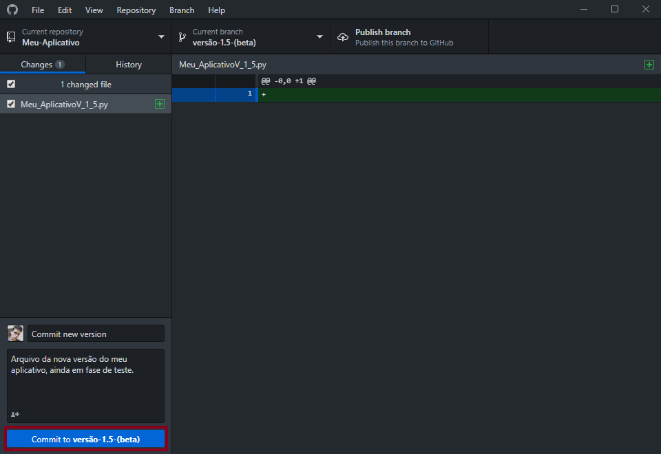 Commit na nova branch